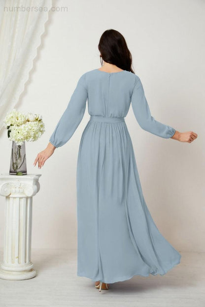 Numbersea Evening Dresses Deep V-Neck Chiffon Bridesmaid Dresses Long Bishop Sleeve Side Split Formal Dress 2806