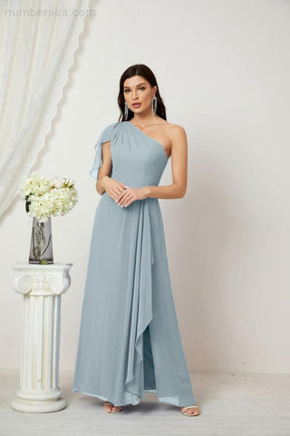 Robe de demoiselle d'honneur longue en mousseline de soie à volants et à une épaule, coupe trapèze, robe de soirée formelle fendue sur le côté, 2809