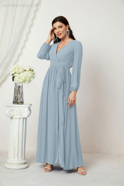 Numbersea Evening Dresses Deep V-Neck Chiffon Bridesmaid Dresses Long Bishop Sleeve Side Split Formal Dress 2806