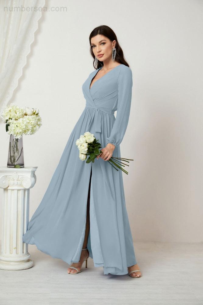 Numbersea Evening Dresses Deep V-Neck Chiffon Bridesmaid Dresses Long Bishop Sleeve Side Split Formal Dress 2806