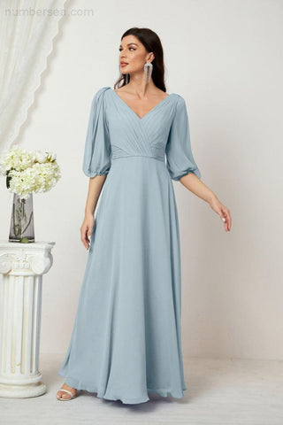 Baoleely  Formal Prom Gown Women V-Neck Chiffon Bridesmaid Dresses Long Bishop Sleeve Party Dress 2807