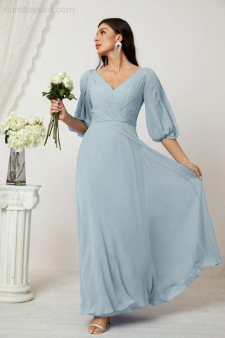 Baoleely  Formal Prom Gown Women V-Neck Chiffon Bridesmaid Dresses Long Bishop Sleeve Party Dress 2807