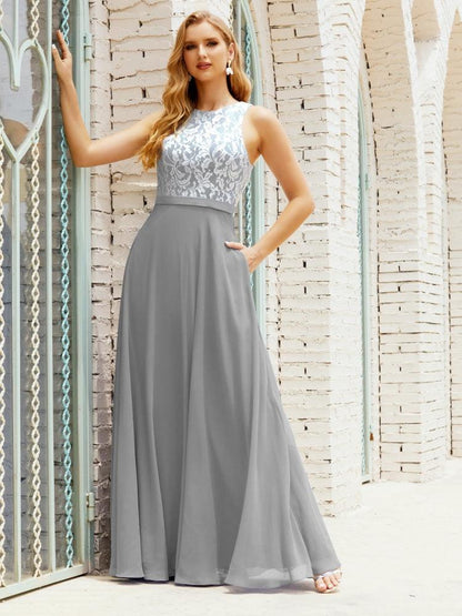 Lace Bridesmaid Dress Floor Length Evening Gowns with Pockets 28017