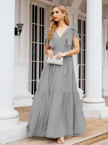 Baoleely Women's Open Back Formal Evening Party Prom Gowns V-Neck Long Chiffon Bridesmaid Dresses with Waist Belt 28038
