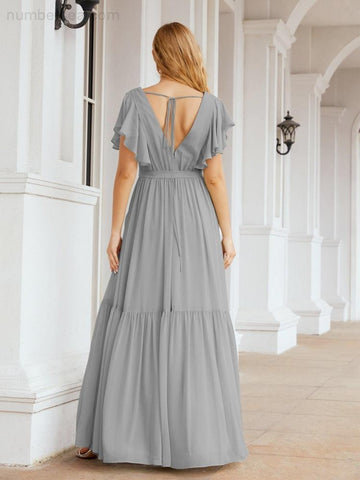 Baoleely Women's Open Back Formal Evening Party Prom Gowns V-Neck Long Chiffon Bridesmaid Dresses with Waist Belt 28038