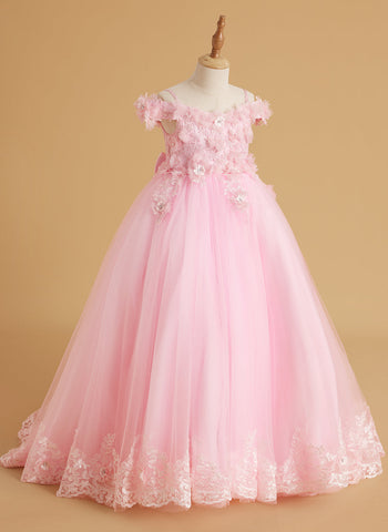 Ball-Gown/Princess Lace Sweep Train Pink Birthday Dress