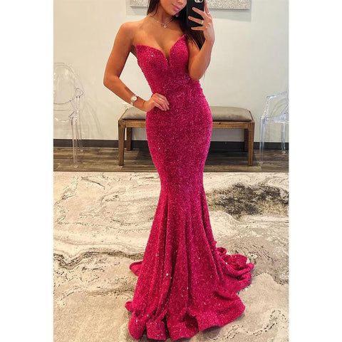 Vestido de noche sexy con escote en V, sin tirantes, con lentejuelas y corte trompeta para fiesta y graduación 