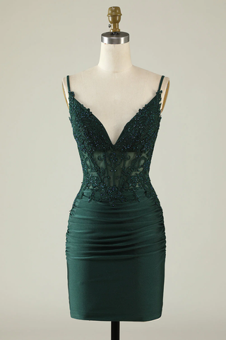 Vestido de fiesta verde oscuro ajustado con escote en V, plisado y con apliques Y2660