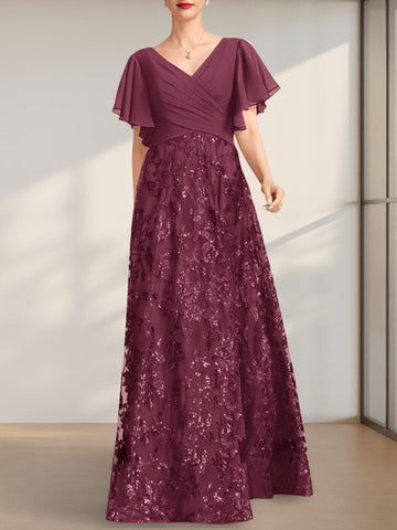 A-line V-Neck Floor-Length Lace Sequin Chiffon Mother of the Bride Dress With Pleated