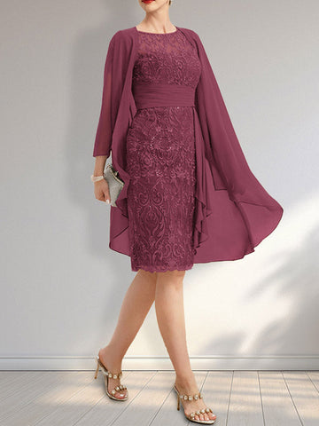 Sheath Scoop Illusion Knee-Length Lace Chiffon Mother of the Bride Dress With Cascading Ruffles Sequins