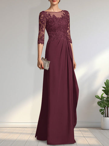A-line Scoop Illusion Floor-Length Chiffon Lace Mother of the Bride Dress With Beading Sequins Cascading Ruffles