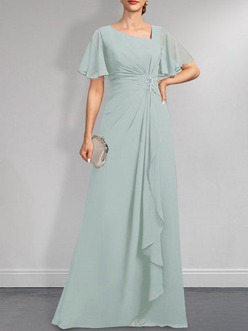 A-line Asymmetrical Floor-Length Chiffon Mother of the Bride Dress With Pleated Beading Sequins