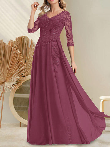 A-line V-Neck Floor-Length Lace Chiffon Mother of the Bride Dress With Sequins