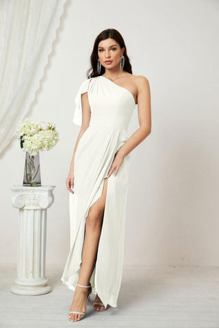 Robe de demoiselle d'honneur longue en mousseline de soie à volants et à une épaule, coupe trapèze, robe de soirée formelle fendue sur le côté, 2809