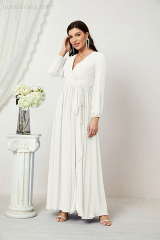 Sunnderly Evening Dresses Deep V-Neck Chiffon Bridesmaid Dresses Long Bishop Sleeve Side Split Formal Dress SY2806