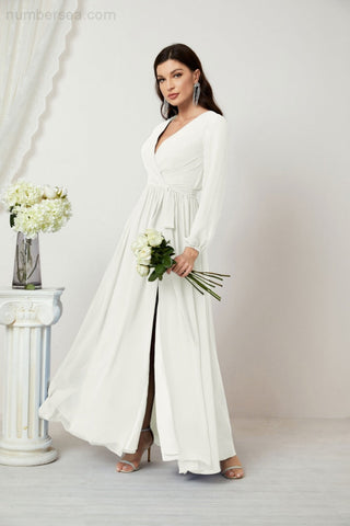 Sunnderly Evening Dresses Deep V-Neck Chiffon Bridesmaid Dresses Long Bishop Sleeve Side Split Formal Dress SY2806