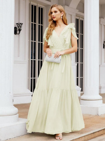 Baoleely Women's Open Back Formal Evening Party Prom Gowns V-Neck Long Chiffon Bridesmaid Dresses with Waist Belt 28038