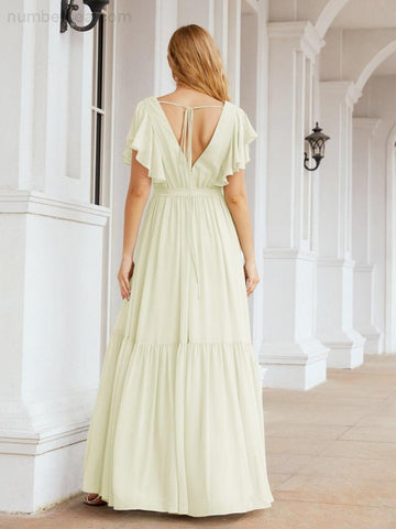 Baoleely Women's Open Back Formal Evening Party Prom Gowns V-Neck Long Chiffon Bridesmaid Dresses with Waist Belt 28038