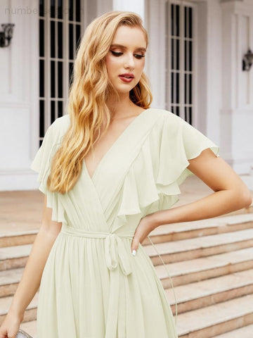 Baoleely Women's Open Back Formal Evening Party Prom Gowns V-Neck Long Chiffon Bridesmaid Dresses with Waist Belt 28038