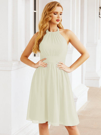 Numbersea Halter Chiffon Bridesmaid Dresses Short Sleeveless Formal Party Dress Open Back 28023