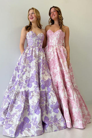 Vestidos largos de fiesta con escote corazón y corte en A y estampado floral