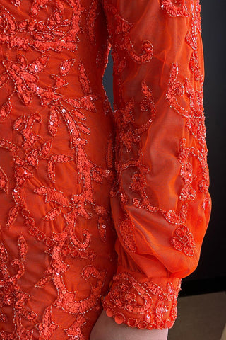 Robe de bal longue sirène à une épaule, sequins orange et manches longues