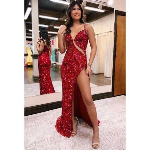 Vestido de fiesta largo con escote en V, aberturas, lentejuelas y apliques