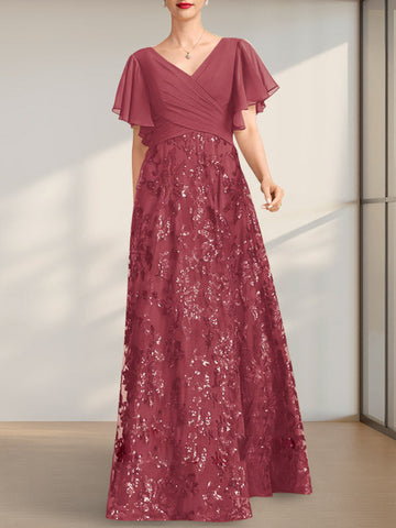 A-line V-Neck Floor-Length Lace Sequin Chiffon Mother of the Bride Dress With Pleated