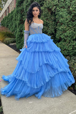 Robe de bal trapèze en organza à volants et décolleté cœur, manches amovibles