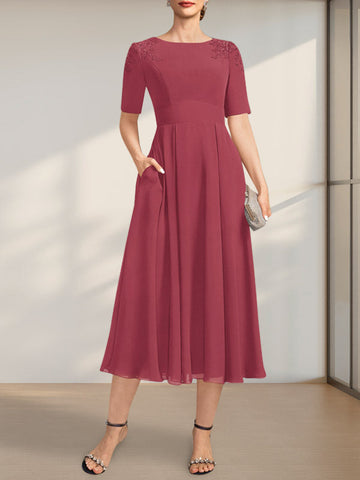 A-line Scoop Tea-Length Chiffon Mother of the Bride Dress With Appliques Lace Sequins
