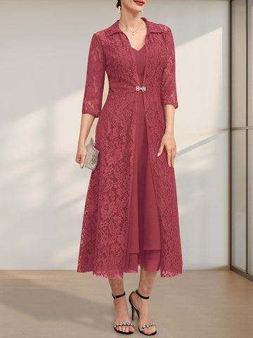 A-line V-Neck Tea-Length Chiffon Mother of the Bride Dress