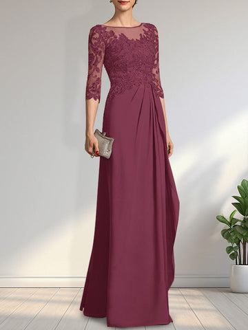 A-line Scoop Illusion Floor-Length Chiffon Lace Mother of the Bride Dress With Beading Sequins Cascading Ruffles