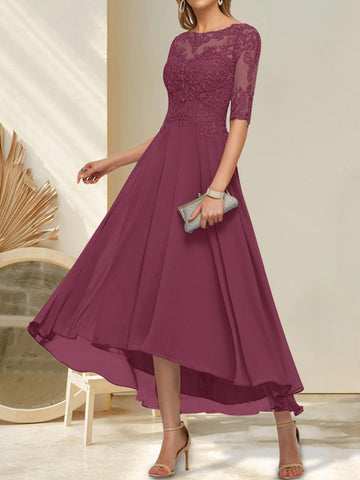 A-line Boat Neck Illusion Asymmetrical Chiffon Lace Mother of the Bride Dress With Sequins Beading