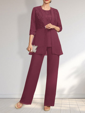 Jumpsuit/Pantsuit Separates Scoop Floor-Length Chiffon Lace Mother of the Bride Dress With Sequins