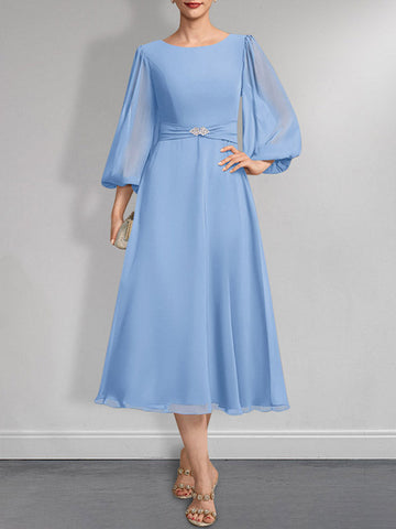 A-line Scoop Tea-Length Chiffon Mother of the Bride Dress With Crystal Brooch Pleated
