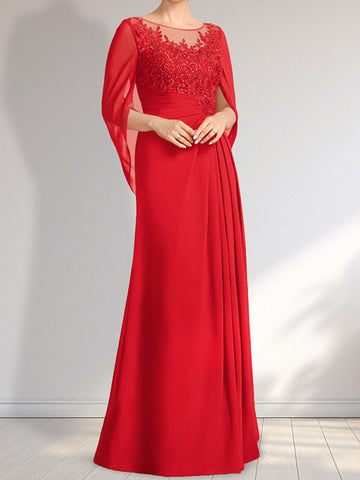 A-line Scoop Illusion Floor-Length Lace Chiffon Mother of the Bride Dress With Pleated Sequins
