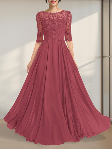 A-line Scoop Illusion Floor-Length Chiffon Lace Mother of the Bride Dress With Pleated Sequins