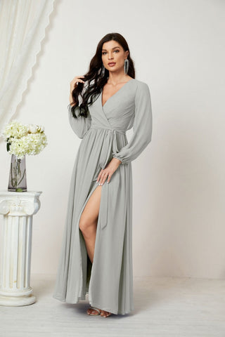 Sunnderly Evening Dresses Deep V-Neck Chiffon Bridesmaid Dresses Long Bishop Sleeve Side Split Formal Dress SY2806