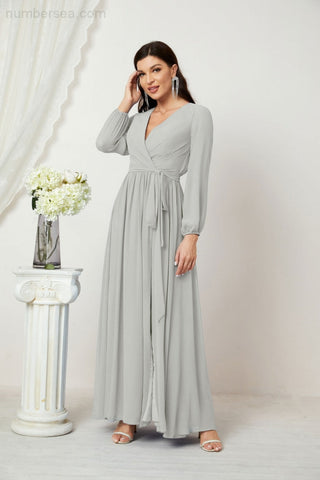 Sunnderly Evening Dresses Deep V-Neck Chiffon Bridesmaid Dresses Long Bishop Sleeve Side Split Formal Dress SY2806
