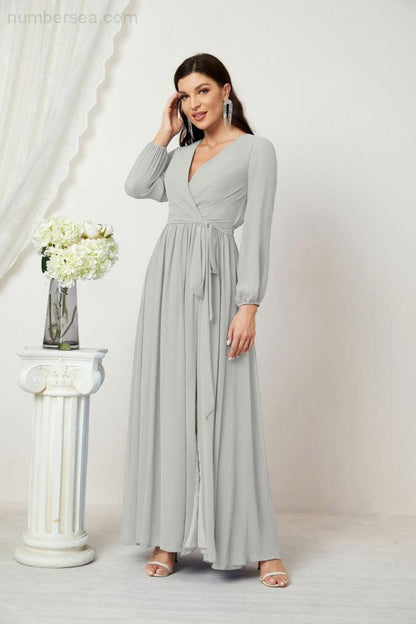 Numbersea Evening Dresses Deep V-Neck Chiffon Bridesmaid Dresses Long Bishop Sleeve Side Split Formal Dress 2806