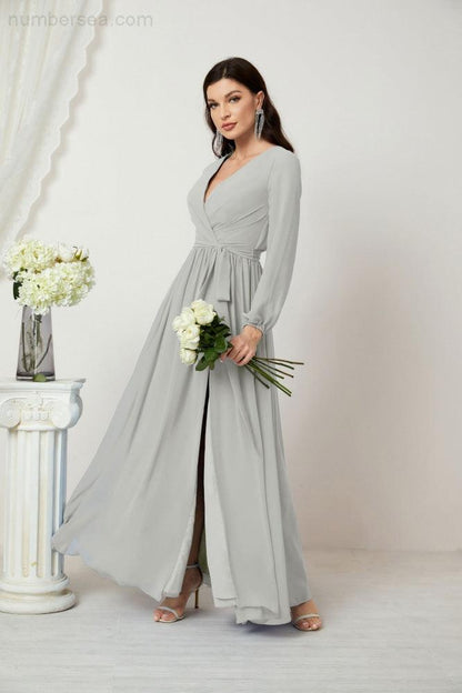 Numbersea Evening Dresses Deep V-Neck Chiffon Bridesmaid Dresses Long Bishop Sleeve Side Split Formal Dress 2806