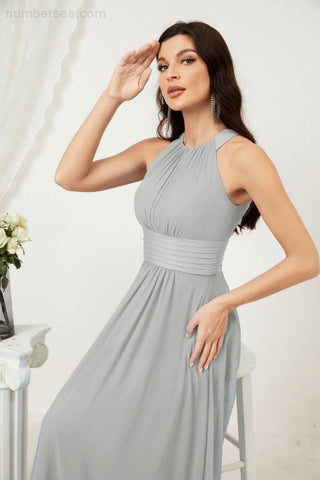 Baoleely Formal Party Gown Dress Chiffon Halter Long Sleeveless Bridesmaid Dresses 2802