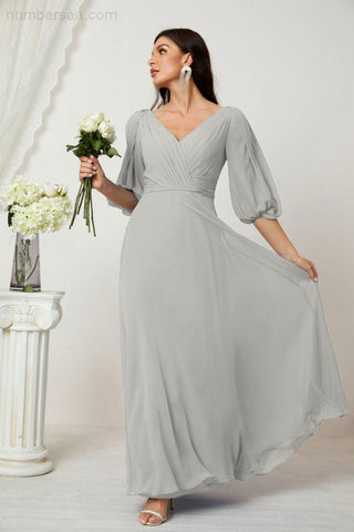 Baoleely  Formal Prom Gown Women V-Neck Chiffon Bridesmaid Dresses Long Bishop Sleeve Party Dress 2807