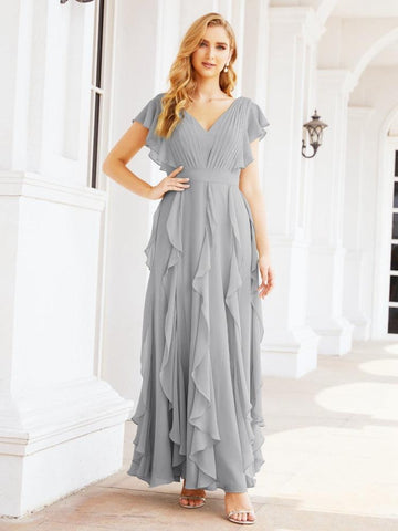 Robe de demoiselle d'honneur à volants et manches longues, robe de soirée formelle 28041 