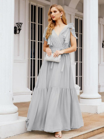 Baoleely Women's Open Back Formal Evening Party Prom Gowns V-Neck Long Chiffon Bridesmaid Dresses with Waist Belt 28038