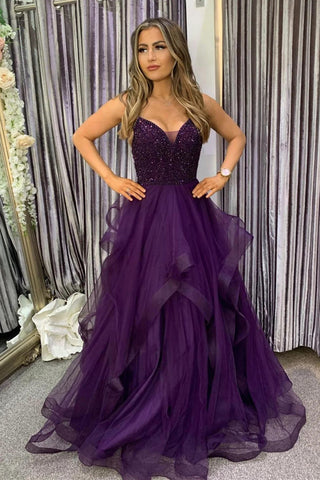 A Line Spaghetti Straps Dark Purple Long Prom Dress with Beading