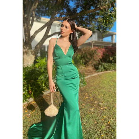 Vestido de noche de satén con escote en V, sin mangas, con cordones y corte trompeta/sirena