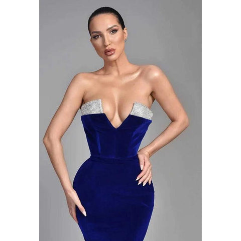 Robe de bal longue à paillettes, décolleté en V, sans bretelles, avec fente dans le dos