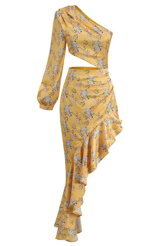 Robe de soirée asymétrique à volants et imprimé floral, une épaule dénudée - Jaune 
