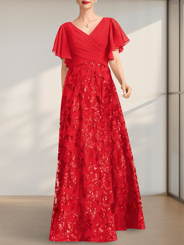 A-line V-Neck Floor-Length Lace Sequin Chiffon Mother of the Bride Dress With Pleated